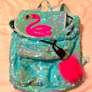 Justice backpack aqua sequin pink flamingo. Great condition
